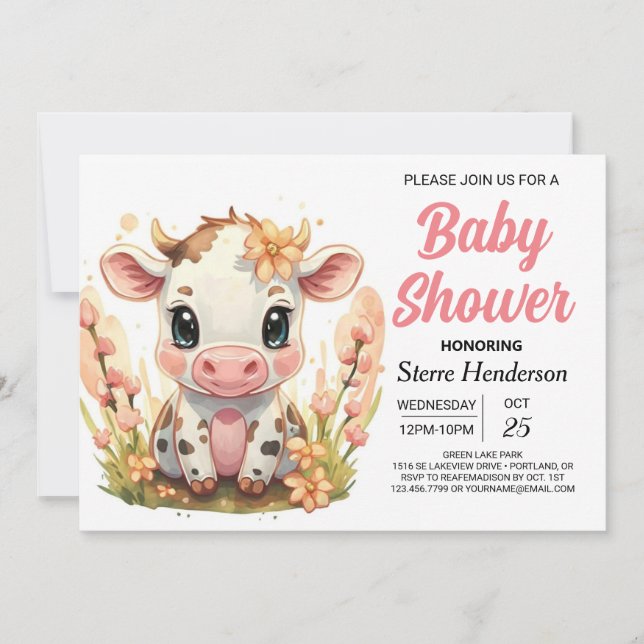 Land Watercolor Girly Cow Baby Shower Inbjudningar (Framsida)