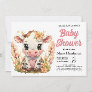 Land Watercolor Girly Cow Baby Shower Inbjudningar