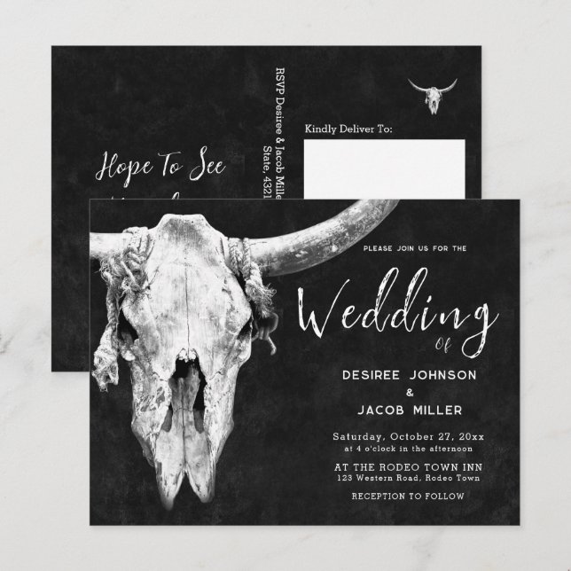 Land Western Black and White Rodeo Bull Skull Inbjudan Vykort (Fram/baksida)