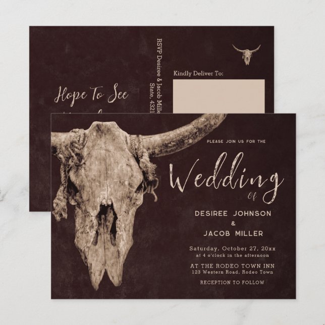 Land Western Brown Rustic Rodeo Bull Skull Inbjudan Vykort (Fram/baksida)
