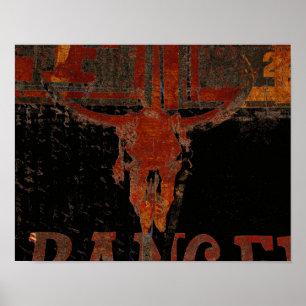 Land Western Bull Skull Rust Script Vintage Poster
