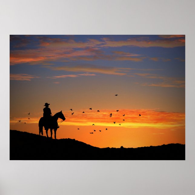Land Western Cowboy and Horse in Sunset Poster (Framsidan)