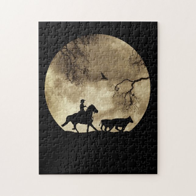Land Western Cowboy med Full Moon och Cattle Pussel (Vertikal)