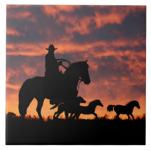 Land Western Cowboy Roundup Herd of Horses Kakelplatta