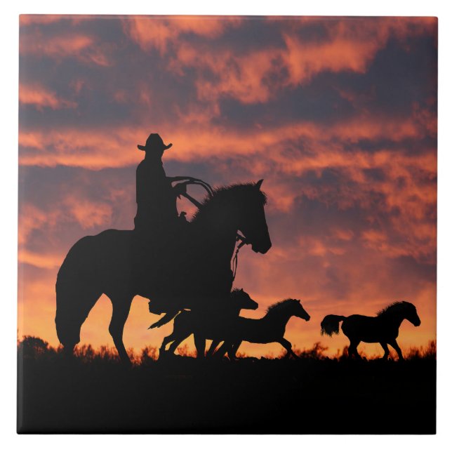 Land Western Cowboy Roundup Herd of Horses Kakelplatta (Framsidan)