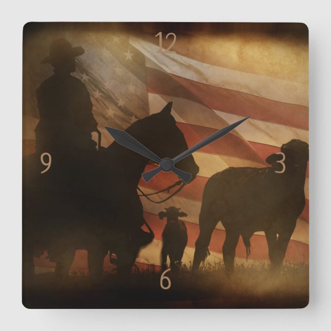 Land Western Cowboyen och Flagga Cattle Fyrkantig Klocka (Framsida)