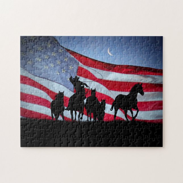 Land Western Cowboys Vild Horses American Pussel (Horisontell)