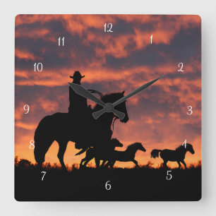 Land Western Cowboys Vild Horses Fyrkantig Klocka