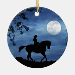 Land Western Cowgirl and Horse Full Moon Julgransprydnad Keramik