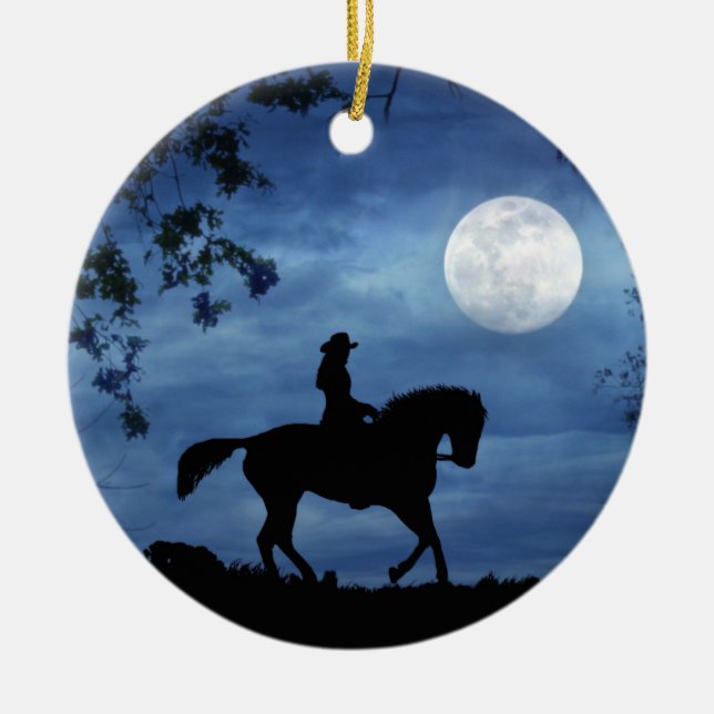 Land Western Cowgirl and Horse Full Moon Julgransprydnad Keramik (Framsidan)