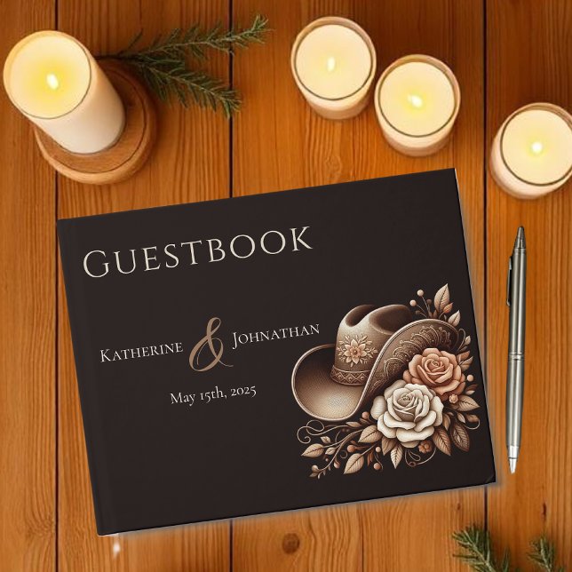 Land Western Cowgirl Hat med blommor Gästböcker (Country Western Cowgirl Hat with Flowers Guest Book )