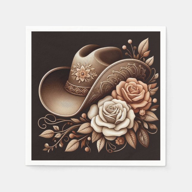 Land Western Cowgirl Hat med blommor Pappersservett (Framsidan)