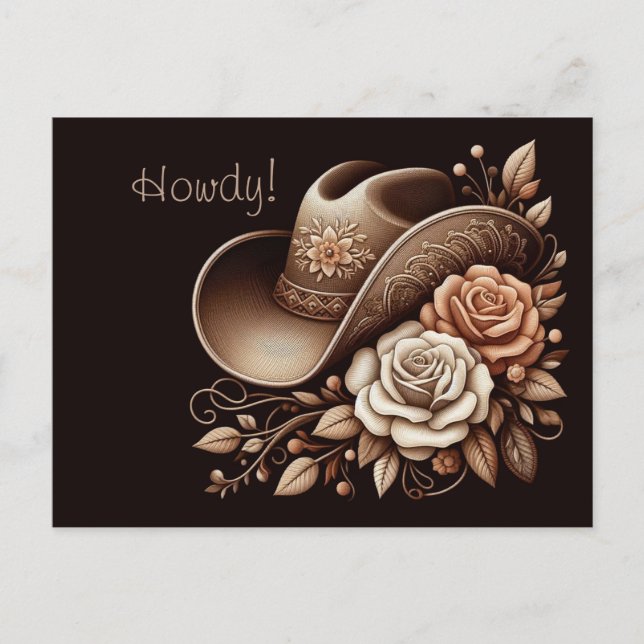 Land Western Cowgirl Hat med blommor Vykort (Framsida)