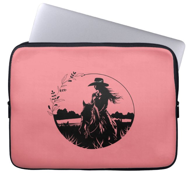Land Western Girl Horse Riding på Fält Laptop Fodral (Framsidan)