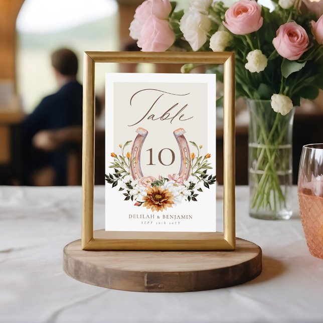 Land Western Horseshoe Watercolor Blommigt Vapensk Bordsnummer (Country Western Horseshoe Watercolor Floral Crest Table Number)