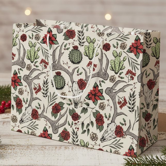 Land Western julafton Blommigt Reindeer Skull (Red Green Country Christmas Gift Bags. Reindeer Skull, Poinsettias, Red Berries, Roses Xmas Pattern)