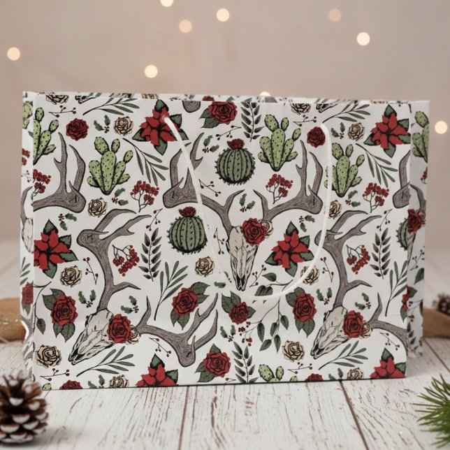 Land Western julafton Blommigt Reindeer Skull (Vintage Country Christmas Gift Bags. Reindeer Skull, Poinsettias, Red Berries, Roses Xmas Pattern)
