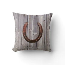 Land Western Lucky Horseshoe Rustic Wood Pillow