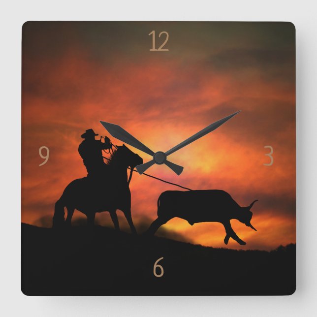 Land Western Steer Roping Long Horn Cowboy Fyrkantig Klocka (Framsida)