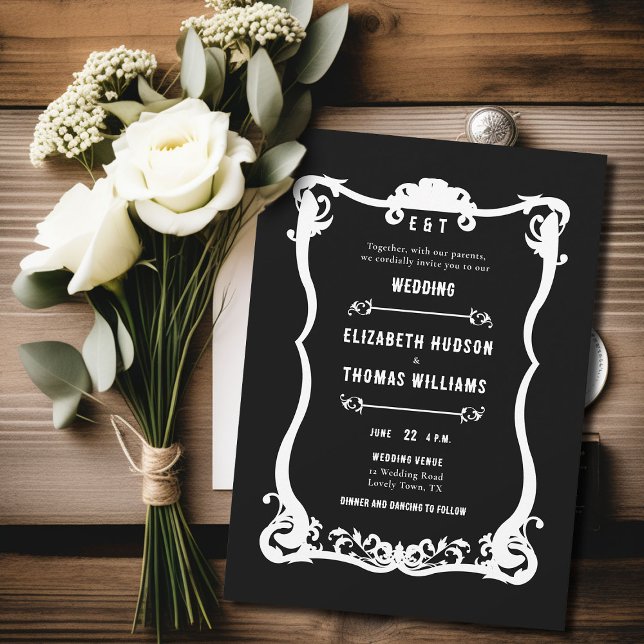 Land Western svart, vit Elegant bröllop Inbjudningar (country western black white wedding invitation vintage frame formal elegant modern ranch barn rustic)