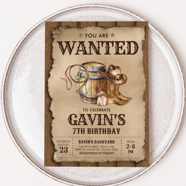 Land Western Wanted CowboyFödelsedagsfest Inbjudningar (Wanted Cowboy Country Western Birthday Party Invitation)