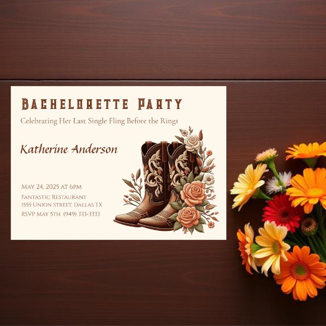 Land Westerna Bachelorette Party Inbjudningar (Country Western-Flowers with Cowboy Boots-Bachelorette Party Invitation)