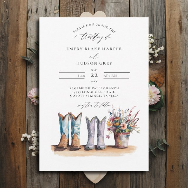 Land Westerna Boots Wildblomma Rustic Bröllop Inbjudningar (country wedding invitation rustic western barn watercolor cowboy boots wildflowers calligraphy)