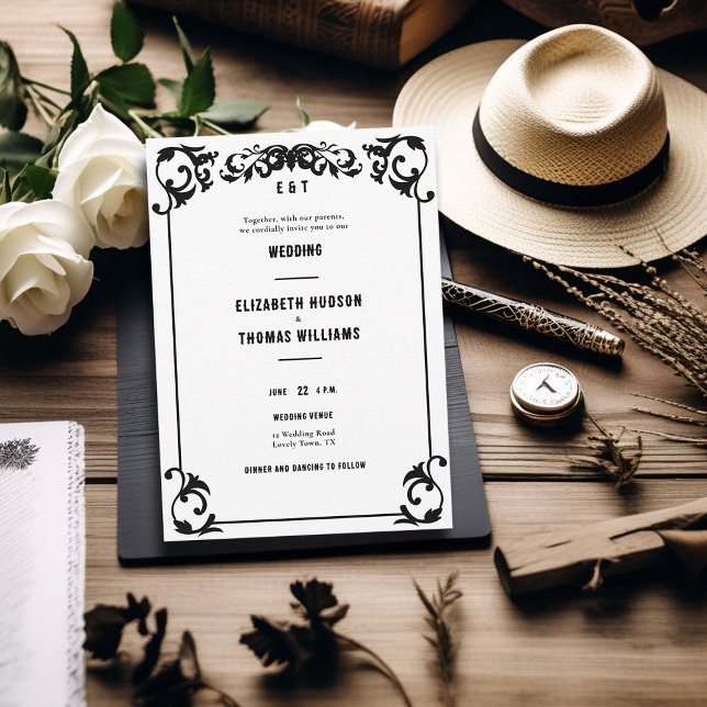 Land Westerna minsta svarta vita Bröllop Inbjudningar (country western black white wedding invitation vintage frame elegant formal rustic ranch barn classy)