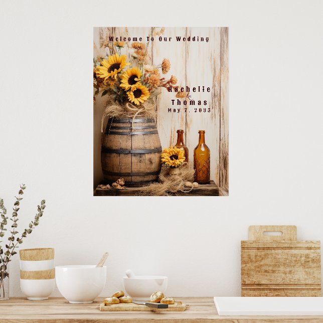 Land Westerna solblommor Whiskey Barrel Välkommen Poster (Kök)
