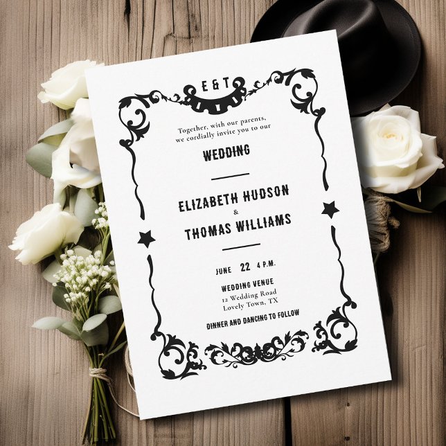Land Westerna stjärnor Svartvit Forte Bröllop Inbjudningar (country western black white wedding invitation vintage frame elegant formal modern ranch barn rustic)