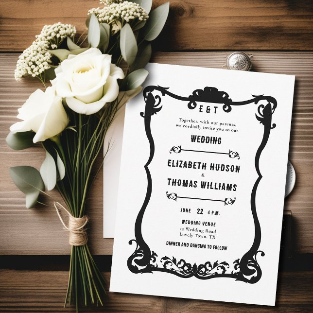 Land Westerna Svartvita Ram Formella Bröllop Inbjudningar (country western black and white wedding invitation vintage frame formal elegant modern ranch barn)