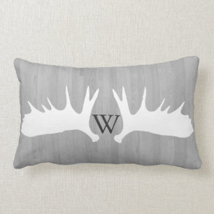 Land White Moose Antlers Grått Plans Monogram Lumbarkudde