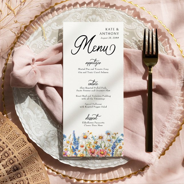 Land Wildblomma Trekursen Blommigt Bröllop Meny (Wedding Menu from Country Wildflower Wedding Collection by Darling & May)