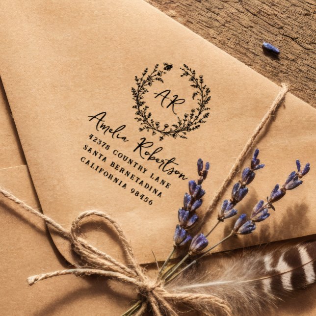 Land Wildblommor & Bee Monogram Rustic Adress Stämpel (Skapare uppladdad)