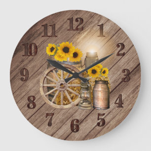 Land Wood Barrel och Solblommor Stor Klocka
