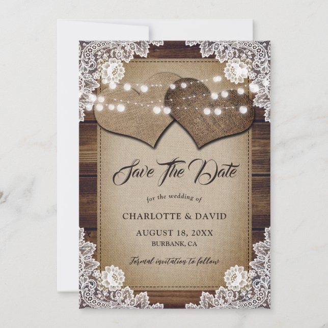 Land Wood String Ljus Burlap Snöre Bröllop Spara Datumet (Framsida)