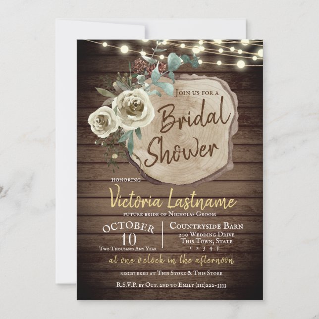 Land Wood Träd Slice Rustic String Ljus Inbjudningar (Framsida)