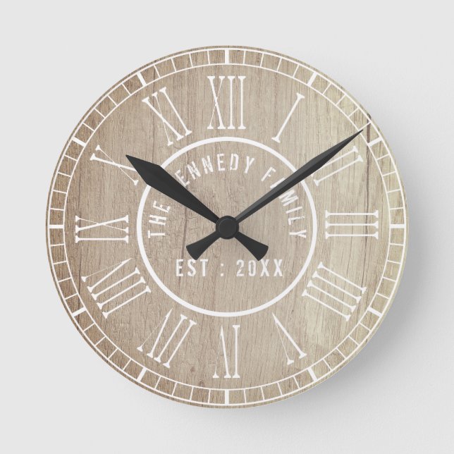 Land Wood White Roman Numerals Familj Namn Rund Klocka (Framsida)