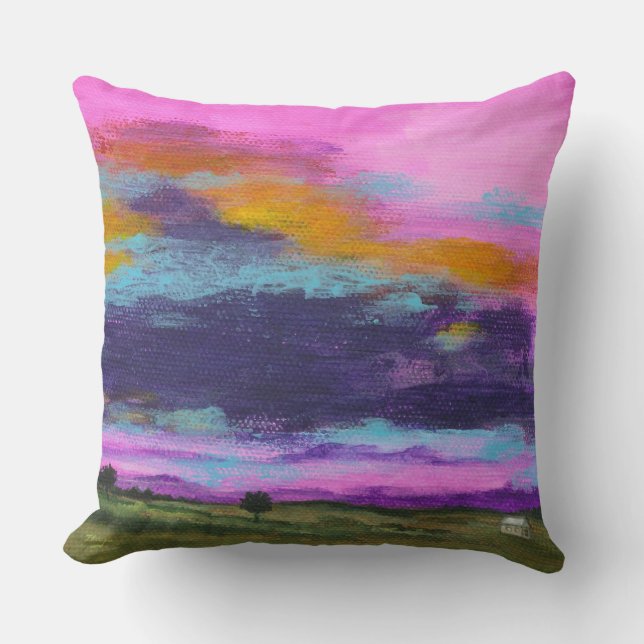Landcape Art Painting Rosa Sunset Tiny Farm House Kudde (Framsida)