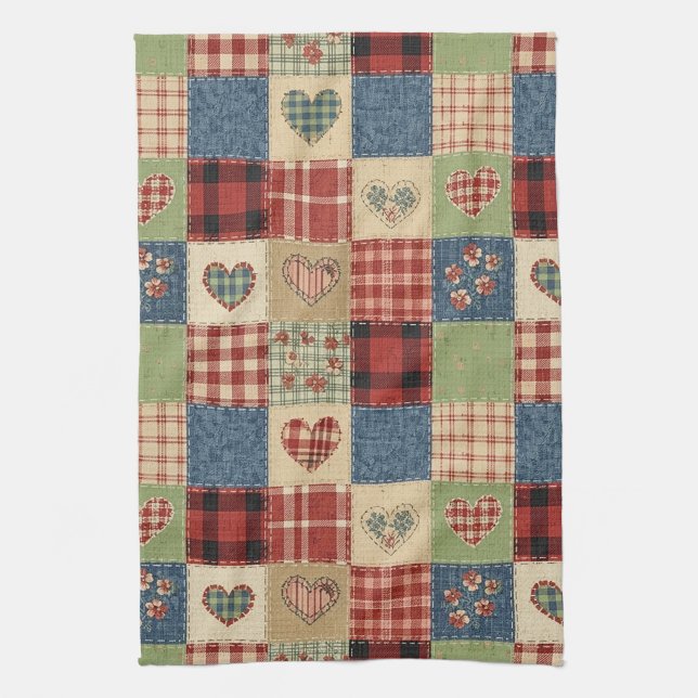 Länder Quilt Hjärta Patchwork Röd Blå Kökshandduk (Vertikal)