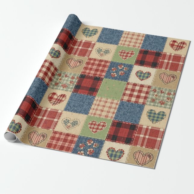 Länder Quilt Hjärtplätt Rödb blå Presentpapper (Utrullad)