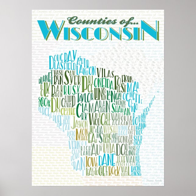 Länderna Wisconsin Typography Karta Poster (Framsidan)