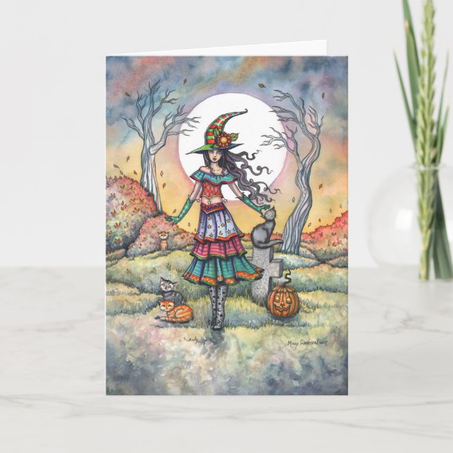 Landet för Katter Halloween Häxa Fantasy Art Kort (Framsida)