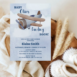 Landing Soon Blue Boy Airplane Baby Shower Inbjudningar