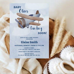 Landing Soon Blue Boy Airplane Baby Shower Inbjudningar