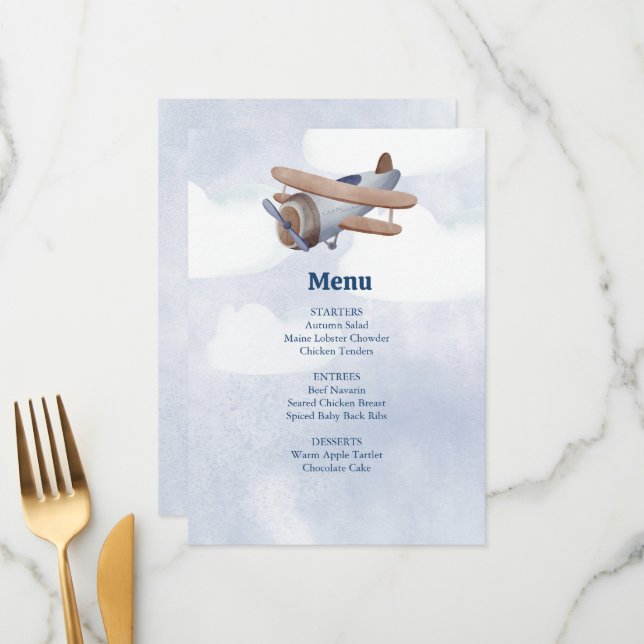 Landing Soon Blue Boy Airplane Baby Shower Meny (Fram/Back In Situ)