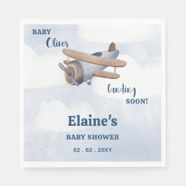 Landing Soon Blue Boy Airplane Baby Shower Pappersservett