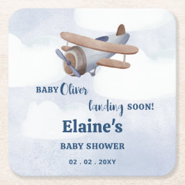 Landing Soon Blue Boy Airplane Baby Shower Underlägg Papper Kvadrat