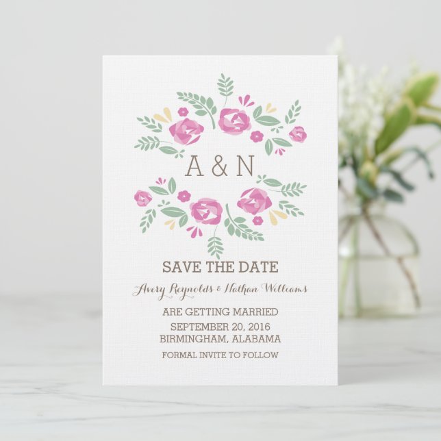 Ländlig blomster monogram Spara datum inbjudan i r (Stående Fram)