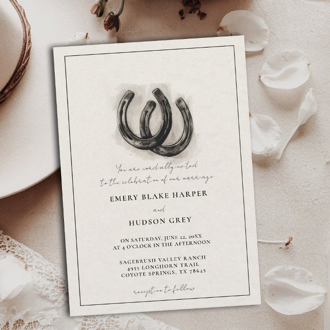 Landlig Bröllopsinbjudan med Antika Hästsulor i Sv Inbjudningar (western wedding invitation cowboy country horseshoes horse lovers vintage art sketch elegant)